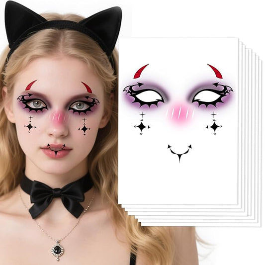 8Pcs Halloween Devil Face Tattoo, Face Temporary Tattoos Face Temporary Tattoo Sticker, Halloween Makeup Tattoo Stickers for Women, Men, Kids, Festival, Cosplay, Halloween