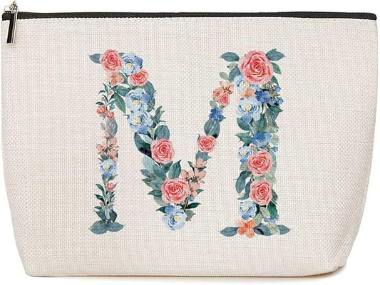 Initial Makeup Bag Monogrammed Travel Toiletry Bag Monogram Cosmetic Bag Birthday Christmas Bridal Shower Bridesmaid Gifts Personalized Gifts for Women Bride Teacher Sister Mama, Floral Letter M