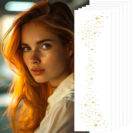 Glitter Freckles Face Tattoo Makeup Patches - 6 Sheets Gold Star Fake Freckles Makeup Accessories for Women Singer Dancer Rave Party