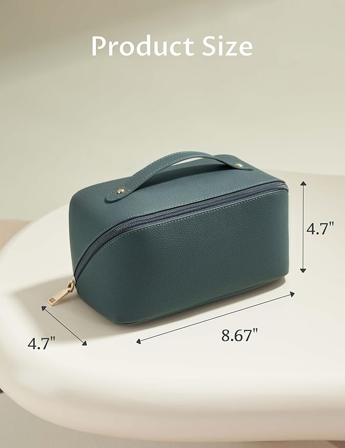 Yarnic Green Travel Makeup Bag Pouch Cosmetic Bag, Large Capacity Toiletry Bag for Women, Portable Pouch Cute Make Up Organizer with Divider and Handle, PU Leather (Gray Green)