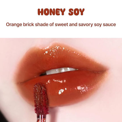 BLACK ROUGE Glow Bokki Tint, GB12 Honey Soy – Korean Lip Tint Inspired by Tteokbokki, Non-Sticky Long-Lasting Lip Stain with Glossy Finish, Cute Stickers – Original Red, Rose, Soy