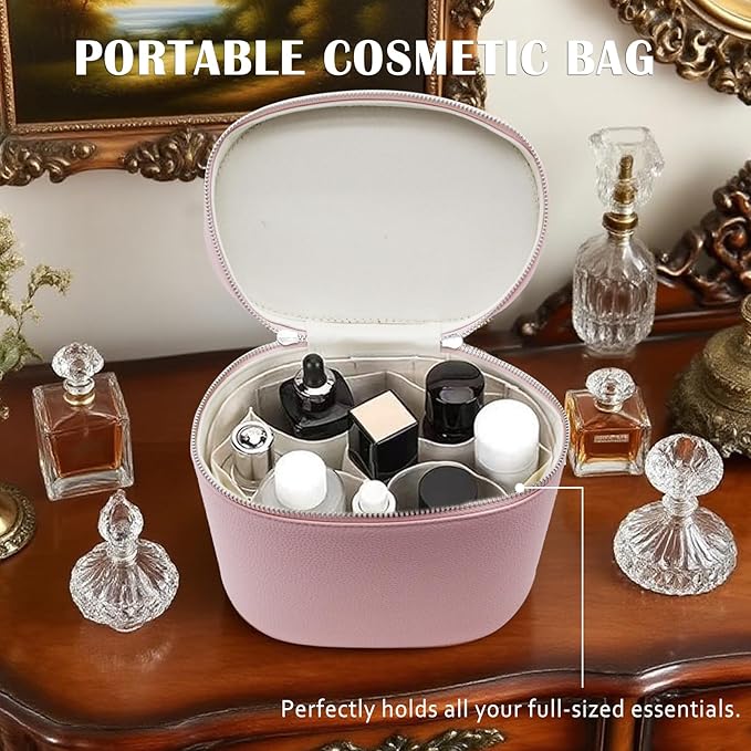 KJMYYXGS Leather Makeup Bag with Dividers Make Up Organizers with Compartments and Handle for Vanity Travel Makeup Countertop Case (pink)
