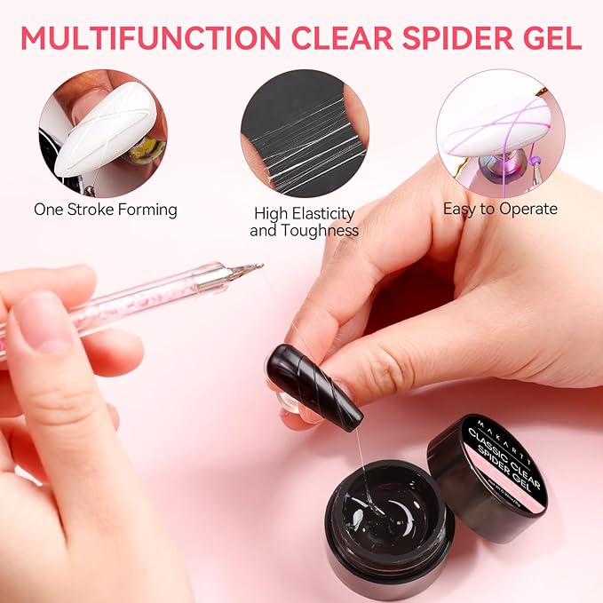Makartt 3D Spider Gel for Nail Art: Clear Elastic Gel Polish for Drawing and Lines, Use with Chrome Powder, Soak-Off UV LED Gel for DIY Manicures Home or Salon Use