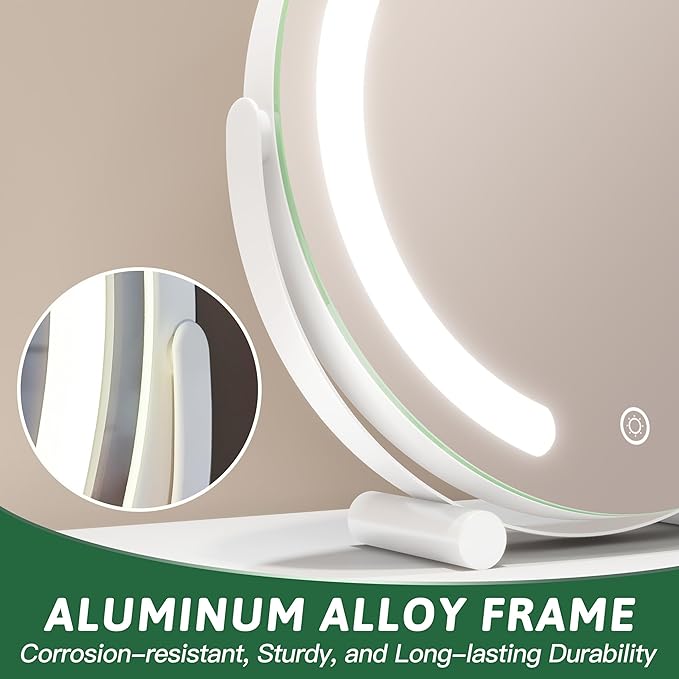 Vanity Mirror with Lights, 12 Inch Light Up Makeup Mirror, LED Makeup Mirror with Lights for Bedroom Tabletop, Smart Touch Control 3 Colors Dimmable, 360° Rotation, White