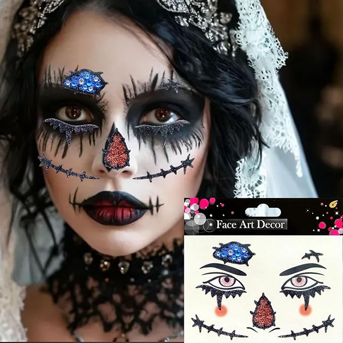 3 Pcs Halloween Face Gems Jewels,Day of the Dead Scar and Blood Stains Rhinestone Face Tattoo Stickers Glitter Rhinestone Face Jewels for Halloween Rave Party Cosplay