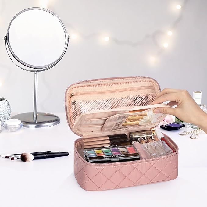 OCHEAL Small Makeup Bag,Portable Cute Travel Makeup Bag Pouch for Women Girls Makeup Brush Organizer Cosmetics Bags with Compartment-Rhombus Pink