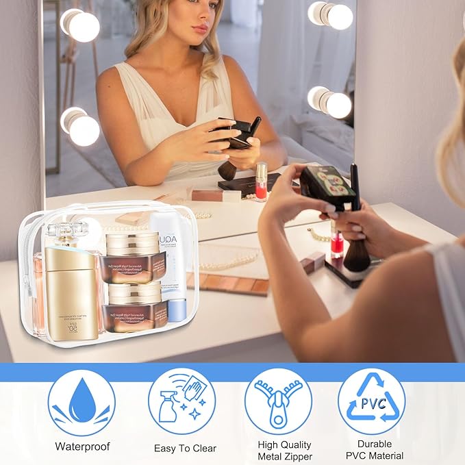 12 Pieces Clear Makeup Bags Bulk, PVC Waterproof Cosmetic Bag with Zipper, TSA Approved Toiletry Bag for Travel, Transparent Pouches Organizer Storage for Men and Women (White, Medium)