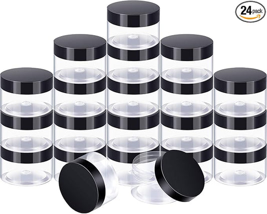 SATINIOR 24 Pieces Empty Clear Plastic Jars with Lids Round Storage Containers Wide-Mouth for Beauty Product Cosmetic Cream Lotion Liquid Butter Craft and Food (Black Lid, 6 oz)