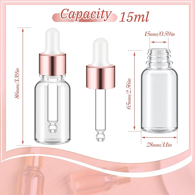 100 Pcs Mini Glass Oil Dropper Bottle Bulk, Clear Essential Small Empty Bottles Sample Containers Perfume Liquid Vials with Cap for Traveling (15 ml,Rose Gold)