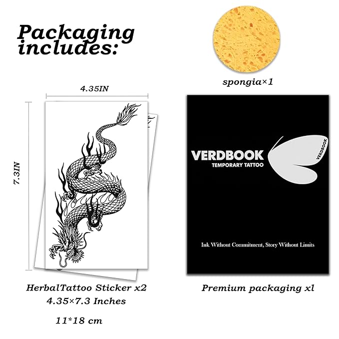 Waterproof Temporary Tattoos: 2-Sheet Tattoo Kit with Realistic Body Stickers, Semi-Permanent Tattoos for Adults Lasting 7-15 Days – Safe for Men & Women, Shadow Dash Dragon
