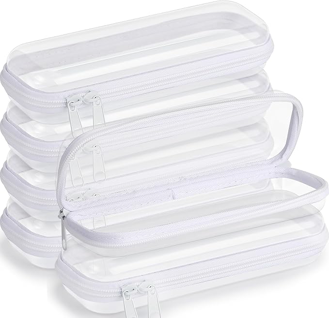 Sanwuta 6 Pcs Clear Hard Zipper Case Pencil Pouches Hard Plastic Zipper Pouches Makeup Bag Transparent Cases for Snacks Plastic Storage Organizer Box for Travel(White,7.87 x 2.56 x 1.57 Inch)