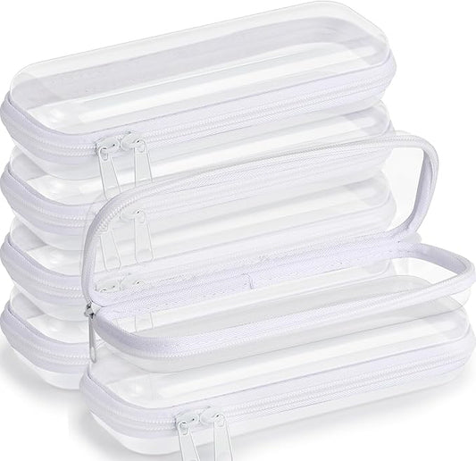 Sanwuta 6 Pcs Clear Hard Zipper Case Pencil Pouches Hard Plastic Zipper Pouches Makeup Bag Transparent Cases for Snacks Plastic Storage Organizer Box for Travel(White,7.87 x 2.56 x 1.57 Inch)