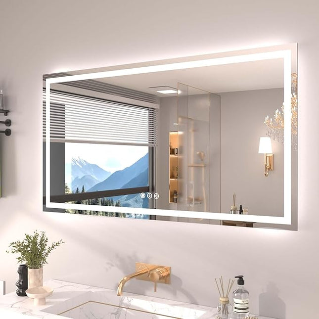 55"X30" LED Bathroom Mirror with Front Lights and Backlit, Anti-Fog, Dimmable, Shatter-Proof Tempered Glass, Lighted Bathroom Vanity Mirror for Wall with 3 Colors, Memory Function