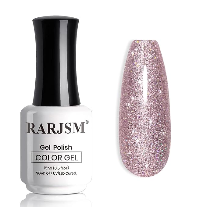 RARJSM Glitter Gel Polish Metallic Rose Pink Shiny Diamond Sparkly Holographic Iridescent Chunky Purple Pink Pigments Nail Gel Polish Soak off L e d U V Curing Required for Nail Art Salon Manicure