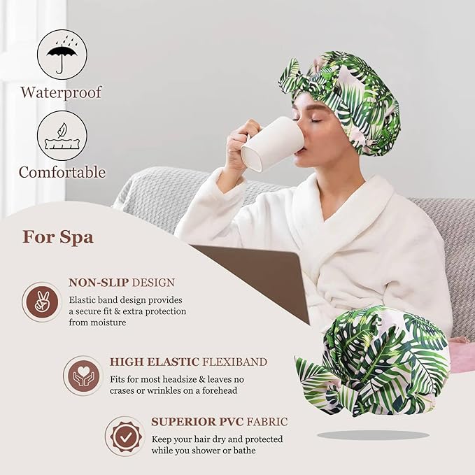 Shower Cap Luxury Shower Caps for Women Reusable Waterproof Hair Cap for Shower with Adjustable Bowknot Hair Bath Cap (Green Palm)