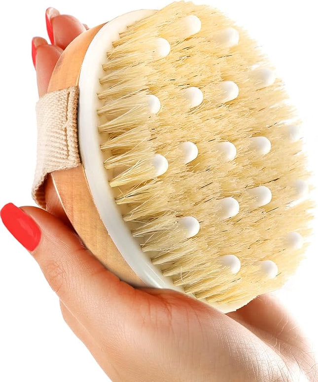 Dry Body Brush (1 Pack) - Reduce Cellulite, Dry Brush for Cellulite and Lymphatic Drainage, Exfoliating Brush with Soft Massage Nodules, Shower Brush Body Scrubber (100% Natural Bristle Brush)
