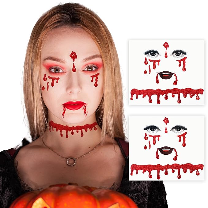 Crystal Bleeding Face Gems, Scar Jewels, Fake Red Blood Gem Tattoo Stick on Eye for Men Women Kids Halloween Prank Makeup Costume, 2-Pack