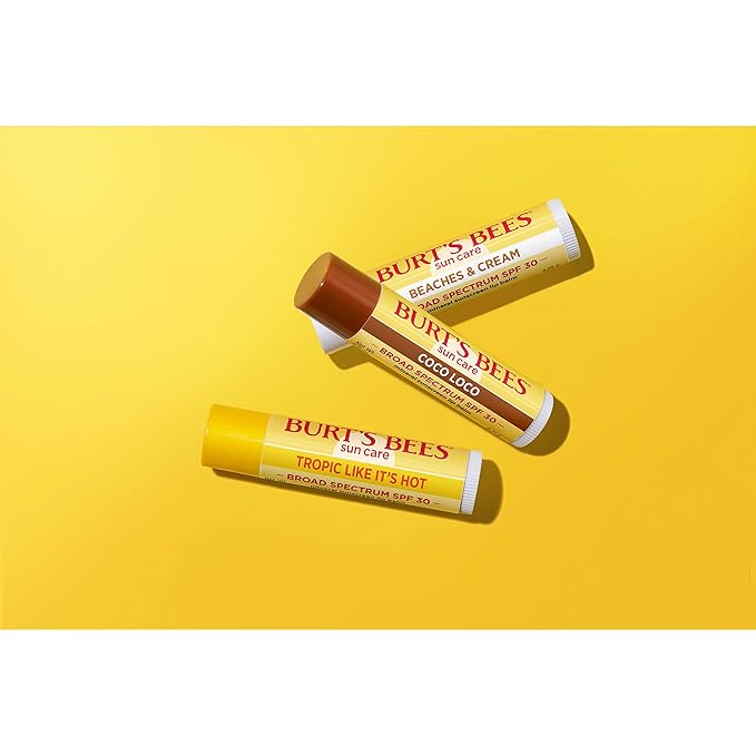 Burt’s Bees SPF 30 Lip Balm, Island Getaway - Coco Loco, Beaches & Cream, Tropic Like It's Hot, Water-Resistant Sun Care, Natural Origin Lip Treatment, 3 Tubes, 0.15 oz