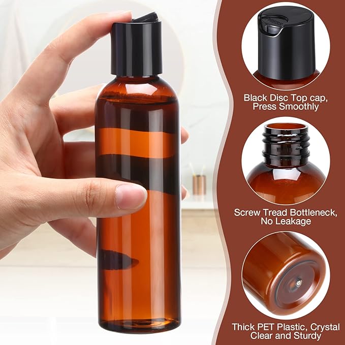 30 Pack Amber Empty Bottles Plastic Squeeze Bottles with Disc Top Flip Cap Small Empty Travel Squeeze Bottle for Lotions Liquid Body Soap Conditioner Creams(6.8 oz)