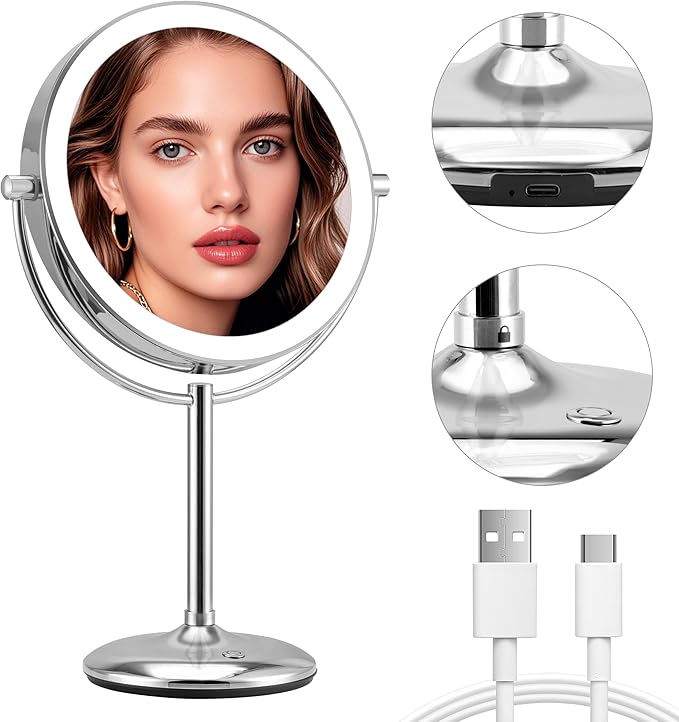 Magnifying Makeup Mirror with Light: 9" Large 1X/10X Lighted Makeup Mirror, Double Sided Vanity Tabletop Mirror 360°Rotation & Adjustable Brightness, Type-C Charging & Touch Switch on Base, Chrome