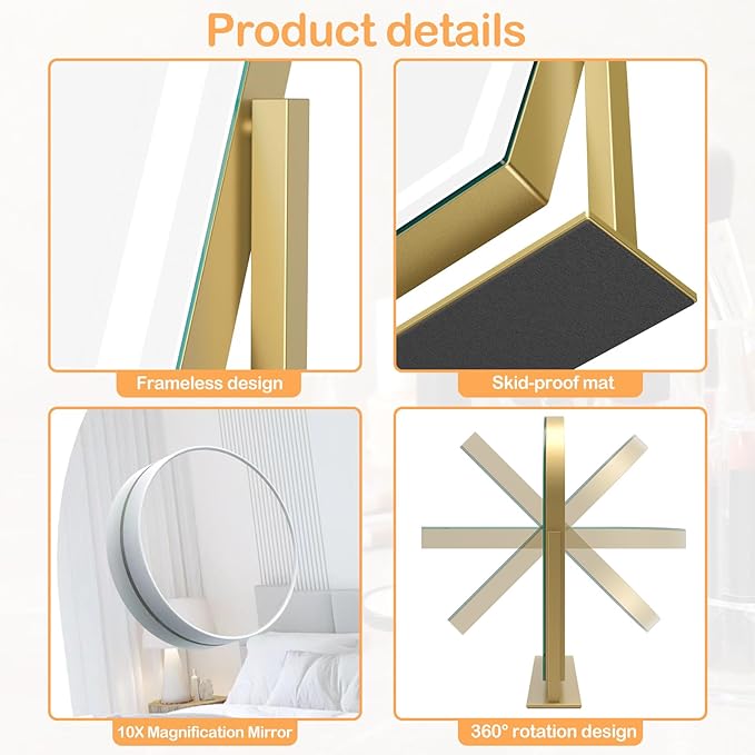 Lighted Makeup Mirror, Hollywood Vanity Mirror with Lights, Three Color Lighting Modes, and Detachable 10X Magnification Mirror, Smart Touch Control, 360°Rotation (15.2in. Gold)