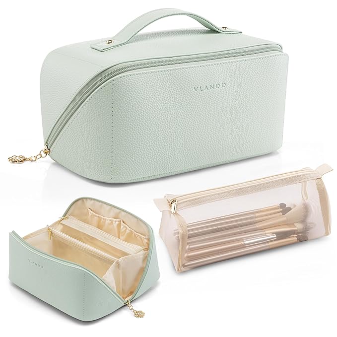 Vlando Makeup Bag,Large Capacity Toiletry Bag for Women Waterproof Portable Make up Pouch PU Leather Open Flat Cosmetic Bag(Mint Green)