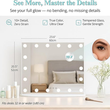 LUXFURNI Vanity Mirror with Lights, 23.6" x 20.5" Hollywood Mirror, Light Up Makeup Mirror with 18 LED Bulbs for Bedroom Desk, 3 Color Lighting Modes, Tabletop & Wall Mount, USB Charging Port