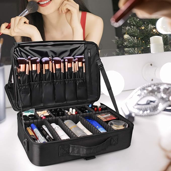 Relavel Travel Makeup Train Case Cosmetic Case Organizer Portable Artist Storage Bag with Adjustable Dividers for Cosmetics Makeup Brushes Toiletry Jewelry Digital Accessories