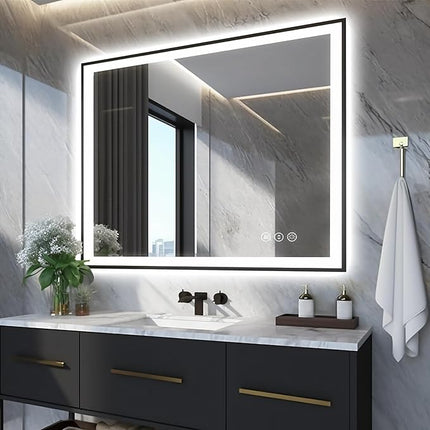 40x32 LED Bathroom Mirrors for Wall -Black Aluminum Framed (Front and Backlit), Anti-Fog Vanity Mirror With Lights,Stepless Dimmable Lighted Mirror,3 Colors Smart Mirror(Horizontal/Vertical)