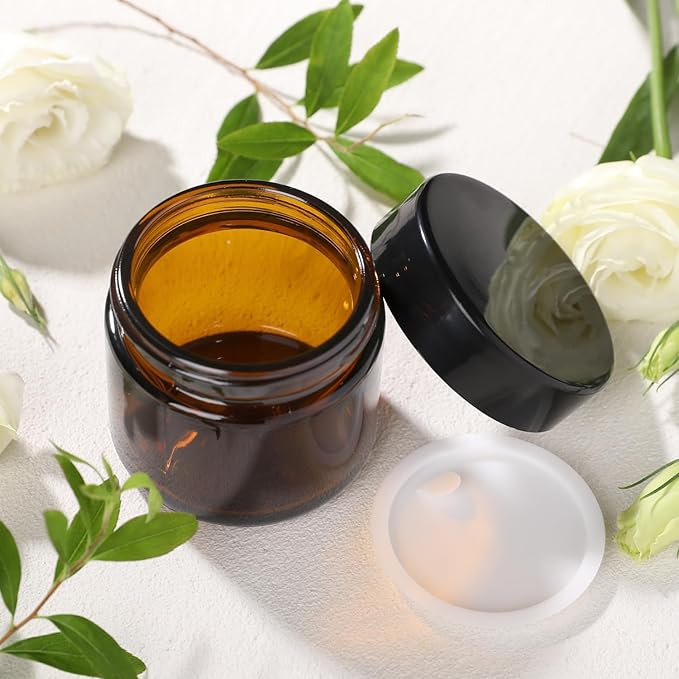 3 Pack Amber Small Glass Cosmetic Jars with Lids, 60 ml Empty Glass Makeup Containers for Sample, Cream, Lotion, Powder (2 OZ)