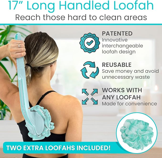 Vive Long Handled Loofah on a Stick - Mesh Back Sponge for Bath, Reusable w/Extra Pouf - Exfoliating Scrubber for Elderly & Disabled, Soft Loofa for Bathing Men & Women