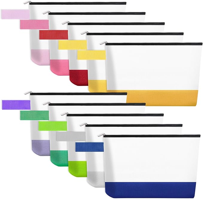 10 Pieces Cotton Canvas Makeup Bag with Bottom and Strap, Multi-Purpose Cosmetic Bag with Zipper Travel Toiletry Pouch, Blank DIY Craft Bag (Multicolor 03, L)