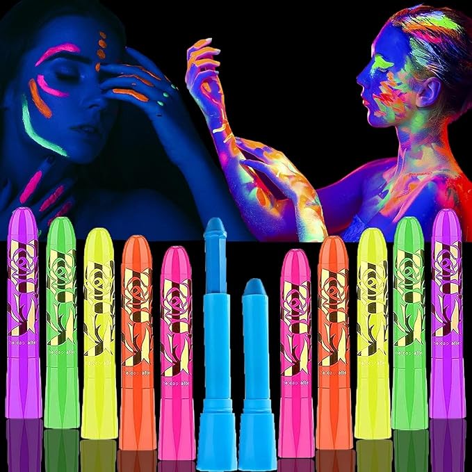 12 Pcs Glow Face Body Paint，Glow in The Dark Light UV Fluorescent Crayons Paint Sticks Makeup Neon Kit for Kids Adults Halloween Masquerade Mardi Gras Blacklight Birthday Party