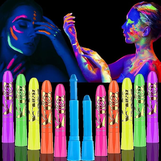 12 Pcs Glow Face Body Paint，Glow in The Dark Light UV Fluorescent Crayons Paint Sticks Makeup Neon Kit for Kids Adults Halloween Masquerade Mardi Gras Blacklight Birthday Party