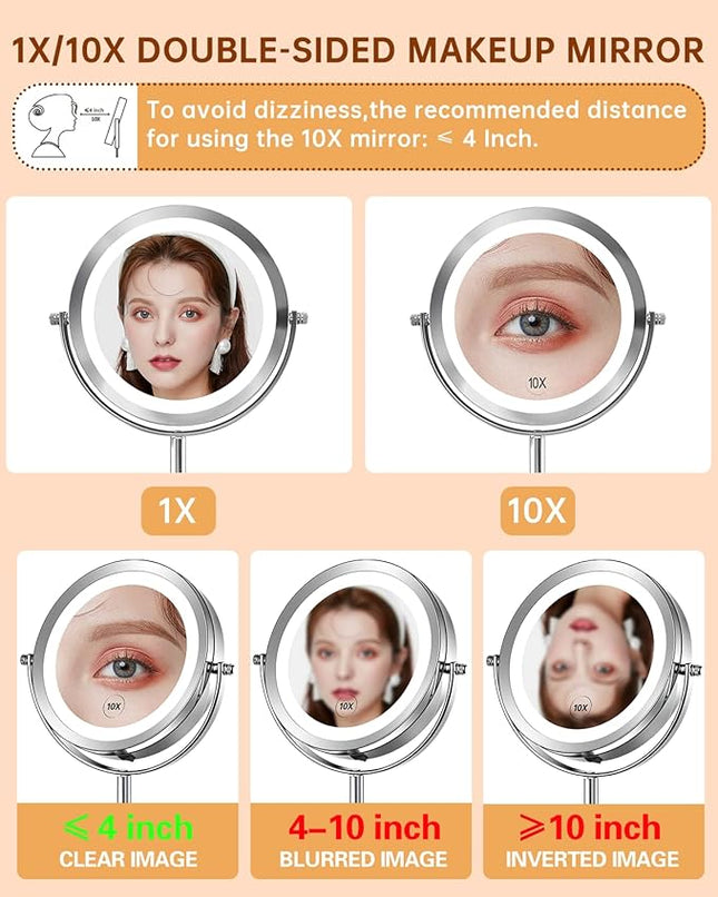 1X/10x Magnified Lighted Makeup Mirror Double Sided Round Magnifying Mirror Standing 360 Degree Swivel Vanity Mirror Battery Operated 7 Inch Diameter Shaving Bathroom Mirror