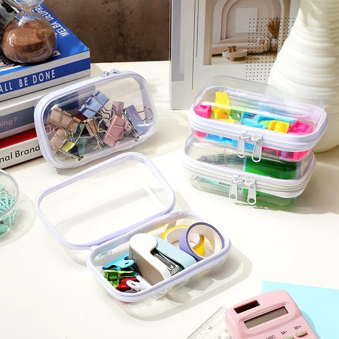 Hoolerry 4 Pcs Hard Clear Zipper Case Makeup Bags Plastic Pencil Pouch Transparent Storage Box Containers for Cosmetics, Snacks, Building Blocks, Puzzles(White,5 x 3 x 2 in)