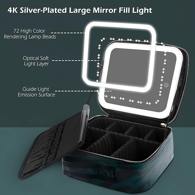 MOMIRA Makeup Bag with Mirror and Light Travel Makeup Train Case Cosmetic Organizer Portable Artist Storage Bag with Adjustable Dividers Makeup Brushes Storage Organizer Zebra-Green