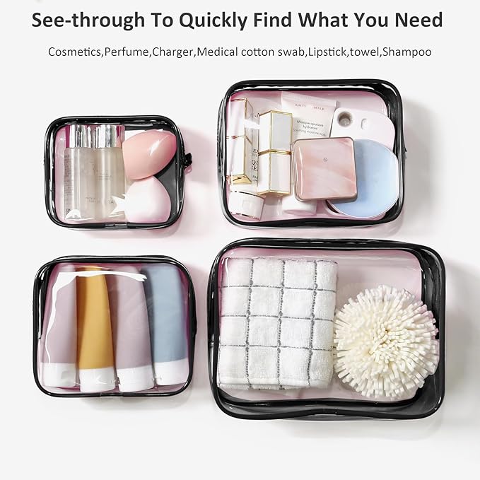 4 Pack Clear Makeup Bags, TSA Approved Toiletry Bag Car Organizer Travel Cosmetic Case Portable Travel Essentials Bags for Toiletries Clear Summer Beach Bag Carry on Airport Airline Compliant Bag