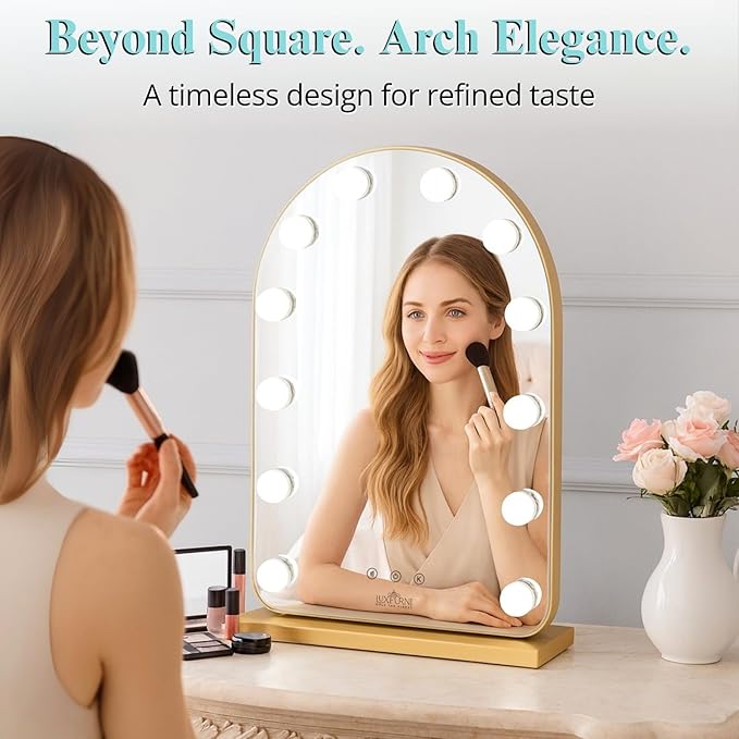 LUXFURNI Vanity Mirror with Lights, 20.5" L x 13" W Arched LED Makeup Mirror, Lighted Makeup Mirror with Lights, Smart Touch Control Dimmable 3 Modes Light, Gold