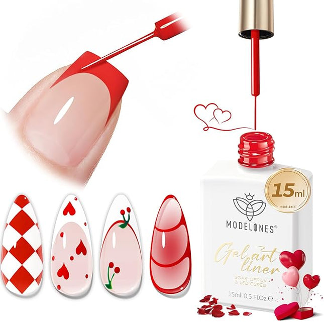 modelones Red French Tip Liner Gel Polish, 15 ML Bright Apple Red Valentine's Day Nail Art Paint Swirl with Ultra Fine Line Brush Soak Off U V DIY Home Salon Professional Manicure Gift for Women