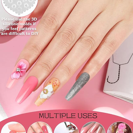 EBANKU Solid Builder Gel for Nail- 6 Colors Gold Hard Gel for Nails Extension Non-Sticky Long-Lasting Solid Gel Kit with 3D Silicone Mold for Valentine Carving Nail Art Salon Home Use