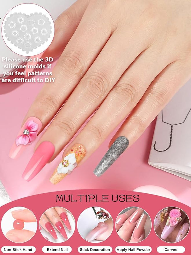 EBANKU Solid Builder Gel for Nail- 6 Colors Gold Hard Gel for Nails Extension Non-Sticky Long-Lasting Solid Gel Kit with 3D Silicone Mold for Valentine Carving Nail Art Salon Home Use