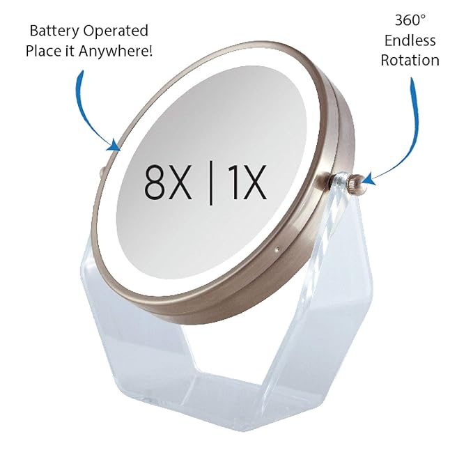 Zadro LED Lighted 8X/1X Magnification Two-Sided Swivel Acrylic Base Vanity Makeup Mirror for Bedroom, Bathroom and Tabletop in Rose Gold