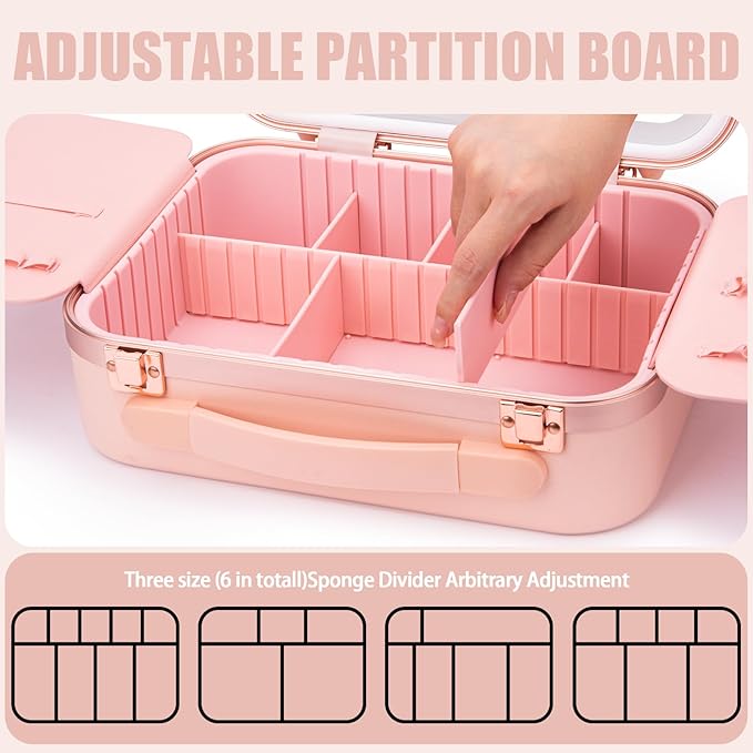 Travel Makeup Train Case With LED Lights, 3 Brightness Adjustable Portable Makeup Organizer, Professional Adjustable Divider Storage Waterproof Makeup Train Case Accessories and Toolboxes