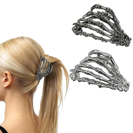 2 Pcs Halloween Hair Clips Black Sliver Skeleton Hand Hair Claw Clips Metal Non Slip Hair Claw Gothic Claw Clip Halloween Hair Accessories for Women's Thick or Thin Hairs