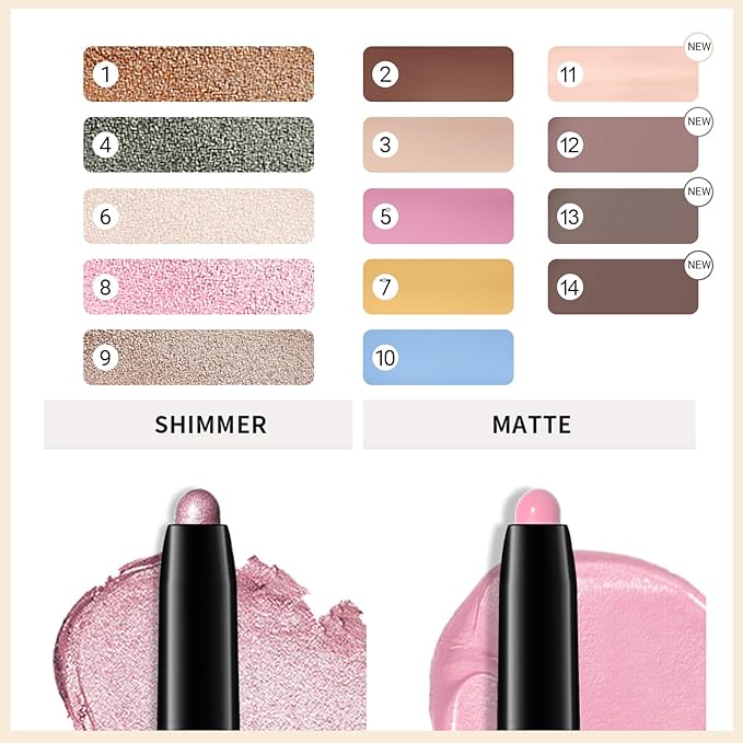 Erinde Waterproof Eyeshadow Stick, Cream Eye Shadow Stick, Long-Lasting, Crease-Proof, Cream to Powder Buildable & Blendable Eye Shadow Pencils Crayon, Vegan & Cruelty-Free, 14 Stone