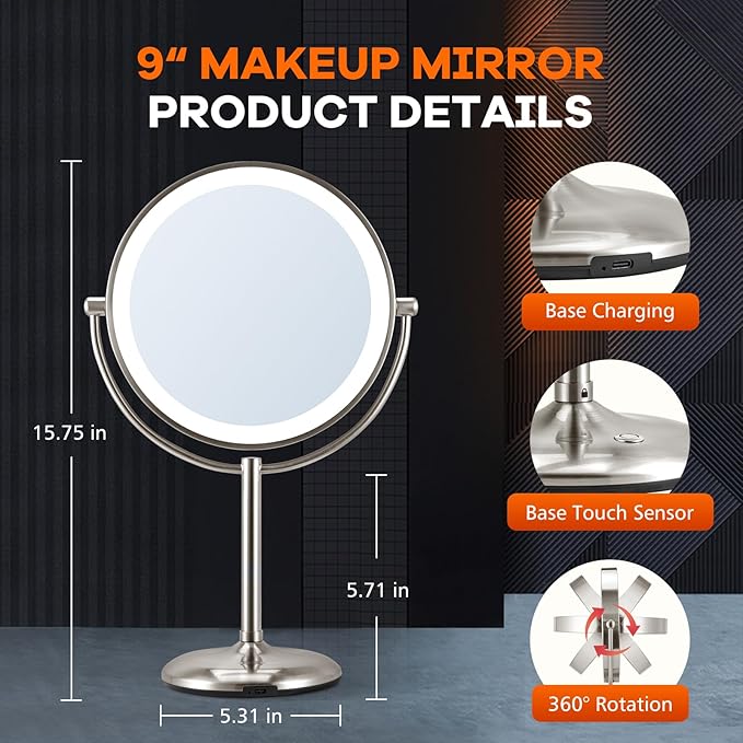 M MIVONDA Makeup Mirror with Lights,1X/15X Brushed Nickel Large Magnifying with Light, 360°Double Side Mirror,3 Color Lights & Adjustable Brightness Vanity Mirror,Gift for Christmas Day