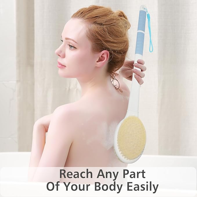 Shower Brush with Soft and Stiff Bristles, 20.5" Extended Long Handle Back Scrubber Dual-Side Bath Brush Body Exfoliator for Wet or Dry Brushing (Super Long Handle)