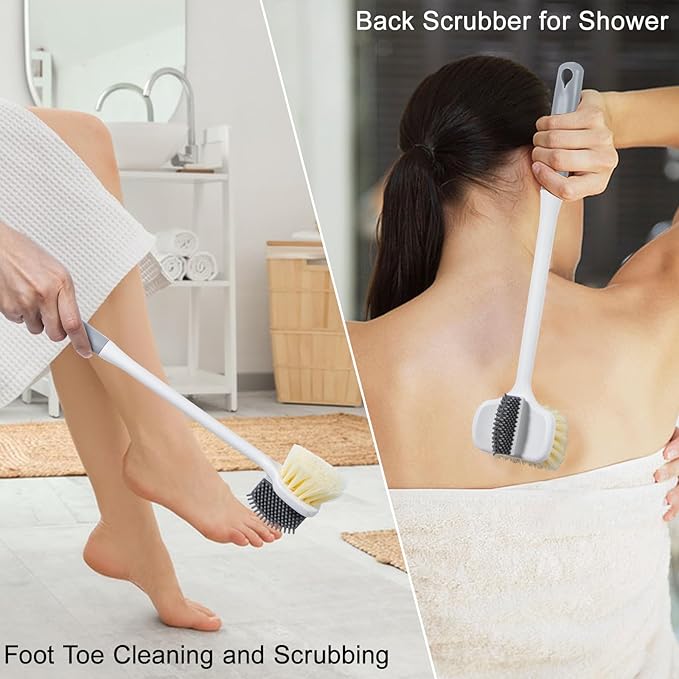 2 Pack Foot Scrubber Brush, Shower Foot Scrubber Long Handle for Toe Gap Cleaning, Double-Sided Silicone and Soft Bristle Scrub Brush for Skin Exfoliation, Seniors, Adults, Grey