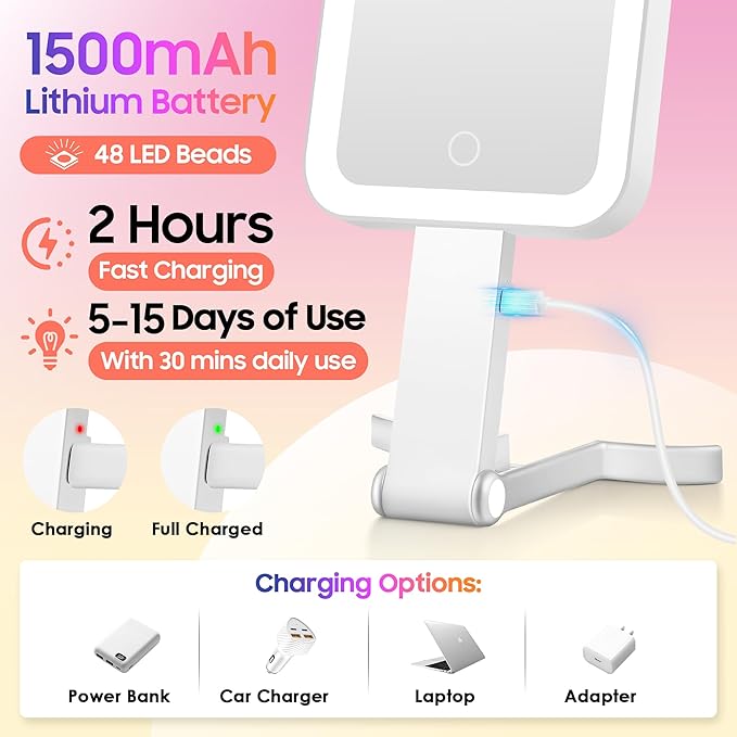 Magnifying Travel Mirror with Light, 30X/1X Double-Sided Magnifying Mirror with 3 Color Lights, Brightness Adjustable, Foldable Handheld Makeup Mirrors Portable for Travel and Desktop Use